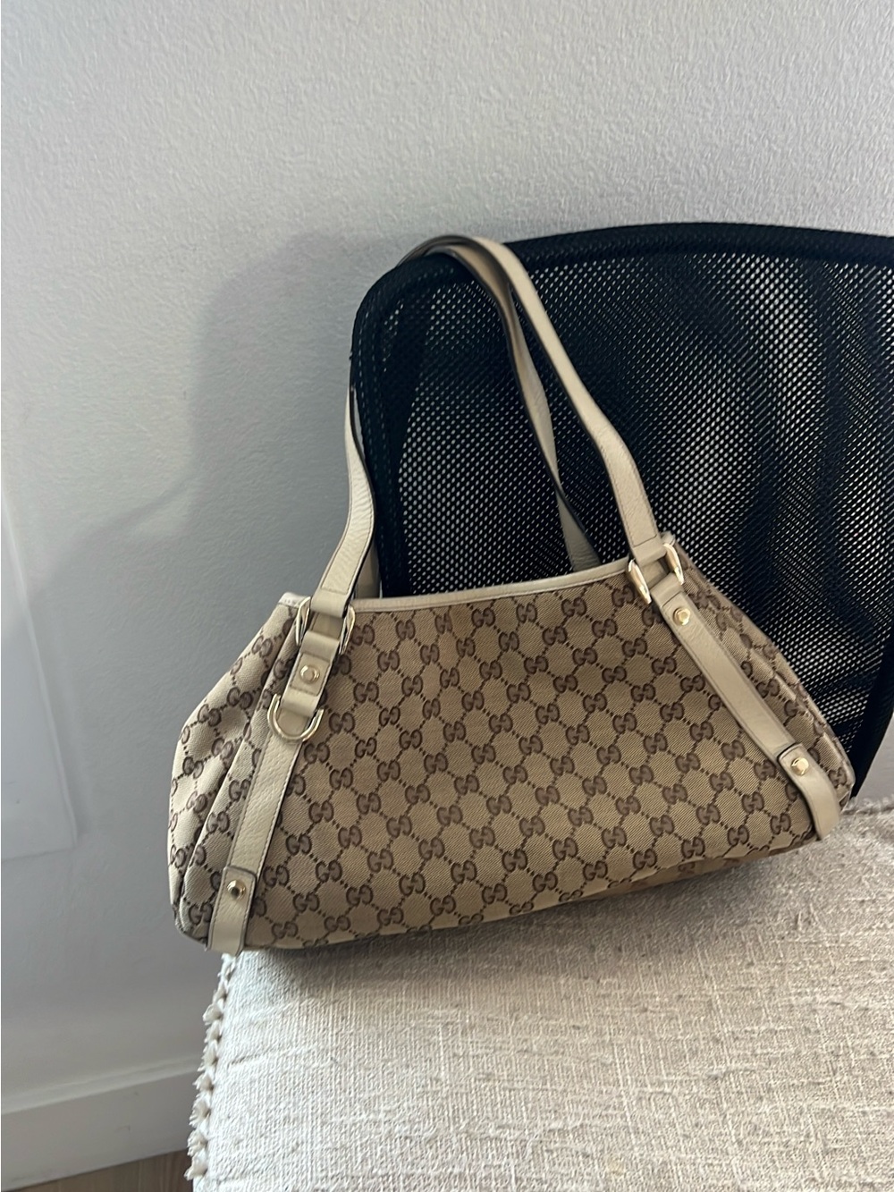 Gucci Beige GG Supreme Shoulder Bag with Cream Leather Straps